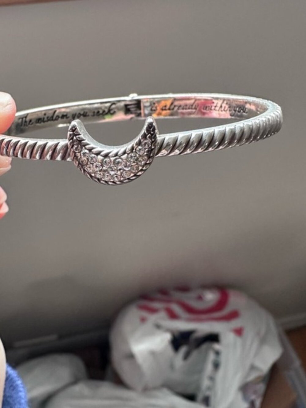 Silver Tone Crescent Moon Celestial Crystal Bangle Bracelet Engraved Quote